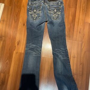 Rock Revival Dark Blue Boot Cut Jeans with Embroidered Pockets